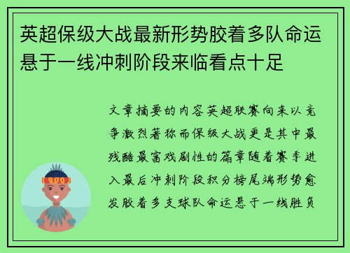 英超保级大战最新形势胶着多队命运悬于一线冲刺阶段来临看点十足